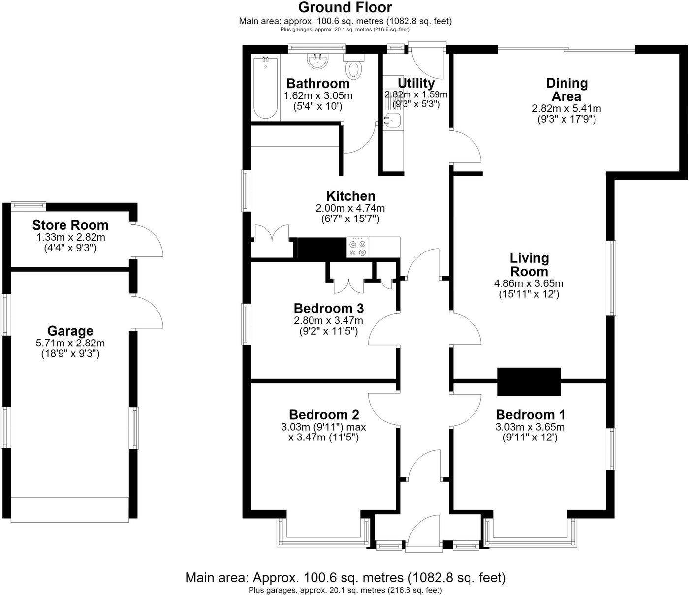Ground floor plan of the Ashbourne Road bungalow, showing three bedrooms, living room, dining area, kitchen, utility, bathroom, garage and store room